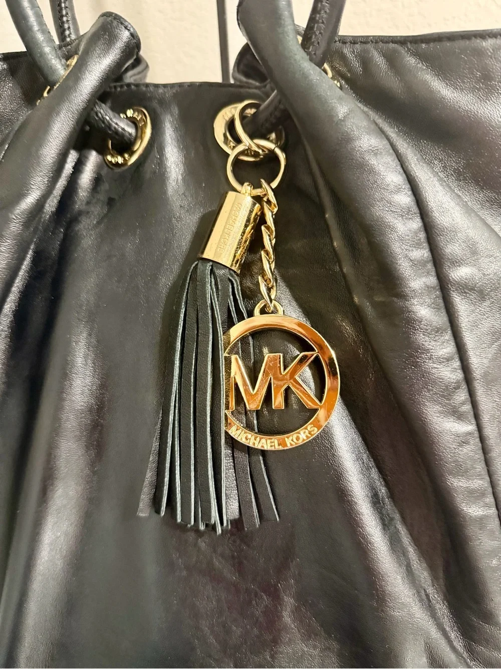 Michael Kors Black Leather Shoulder Tote Bag Gold MK Charming
